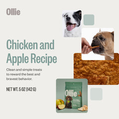 Ollie Chicken Apple Jerky ingredients scene highlights real chicken and fruit.