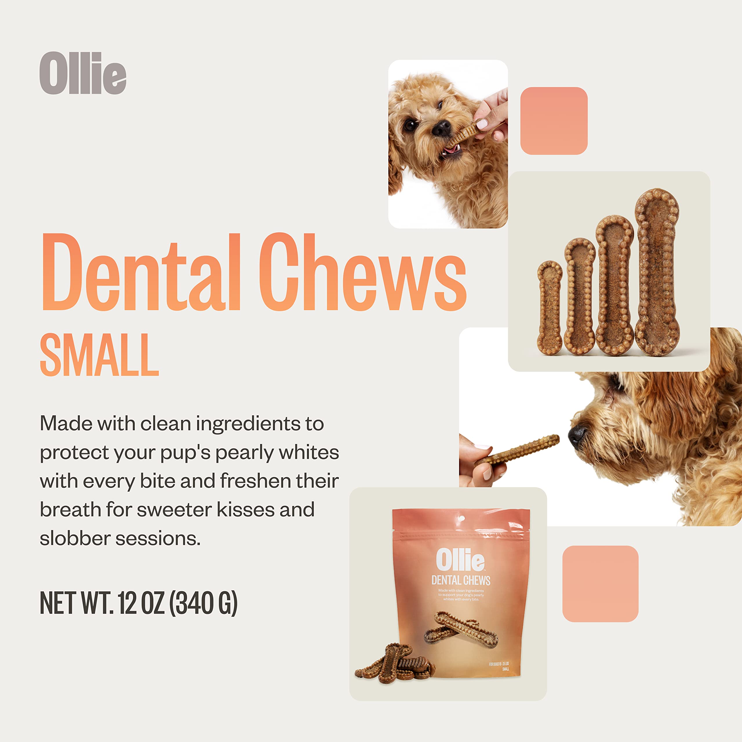 Ollie dental chews close-up sticks texture highlighting chewy action during chewing.