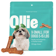 Ollie dental chews for extra small dogs promote breath freshness and ease of chewing.