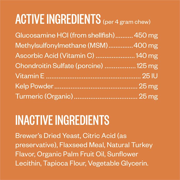 Ingredients list: glucosamine, MSM, turmeric in Ollie Zoomies