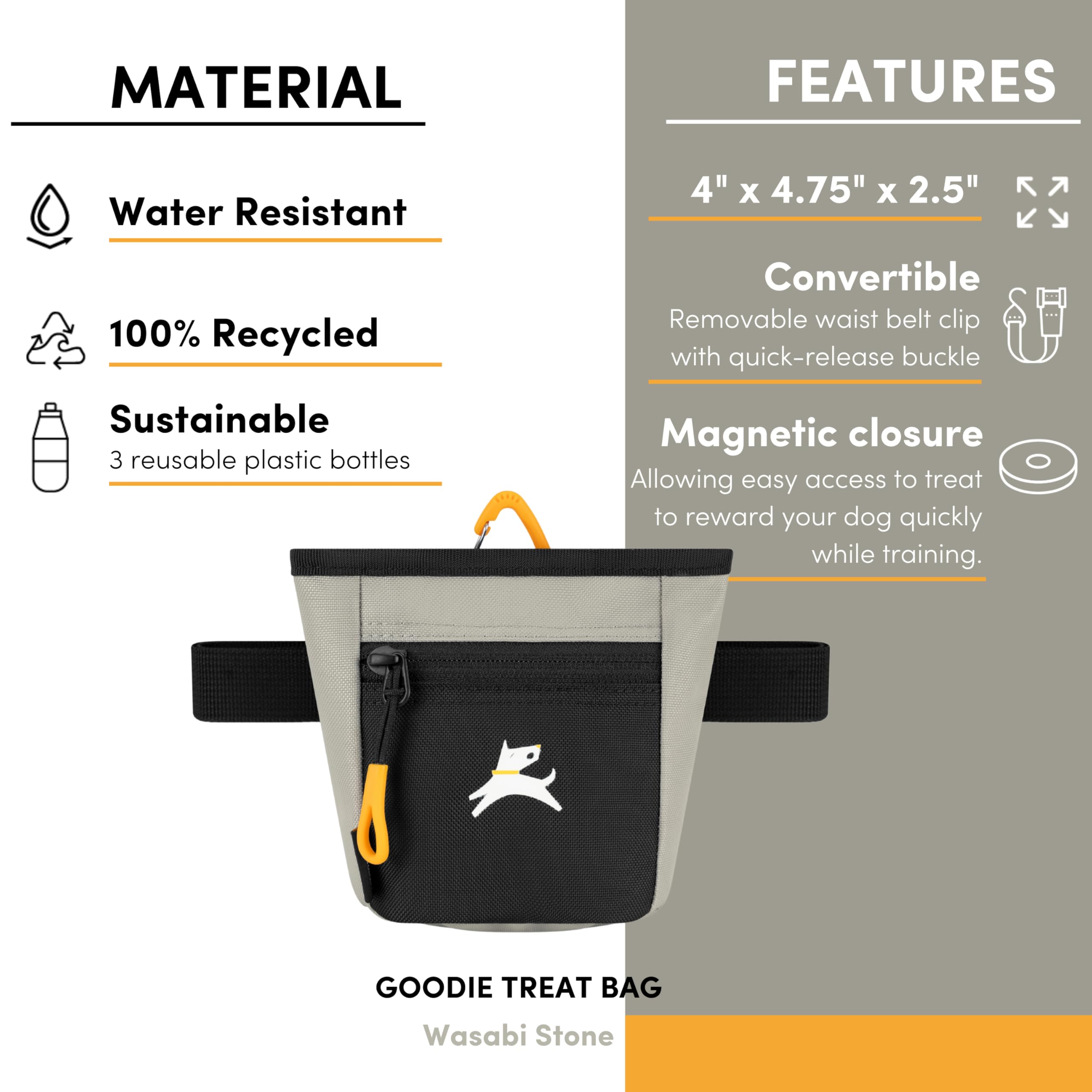 OllyDog Goodie Bag measures 4x4.75x2.5 inches for compact treat storage.