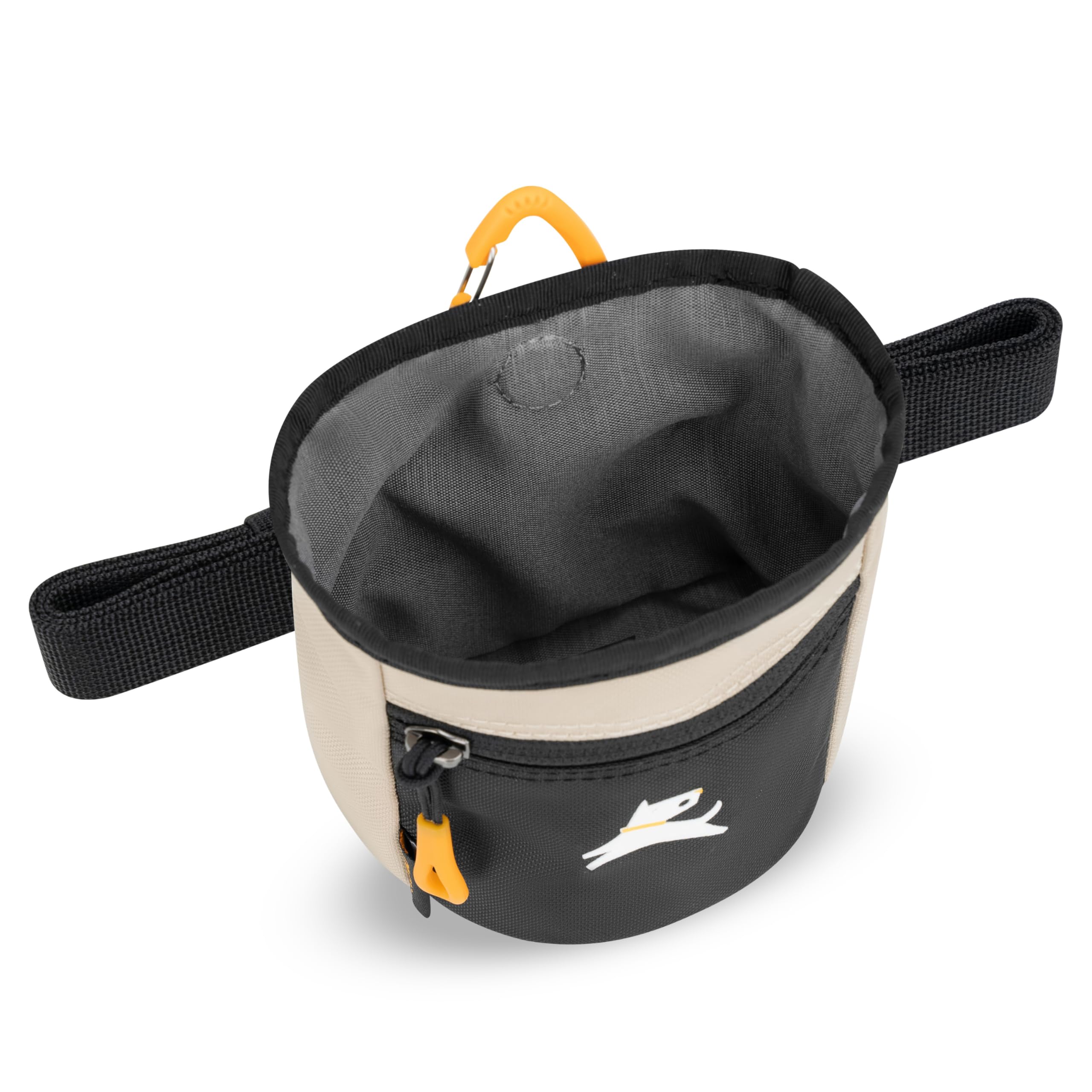 OllyDog Goodie Treat Bag clipped to belt-loop for hands-free practice.
