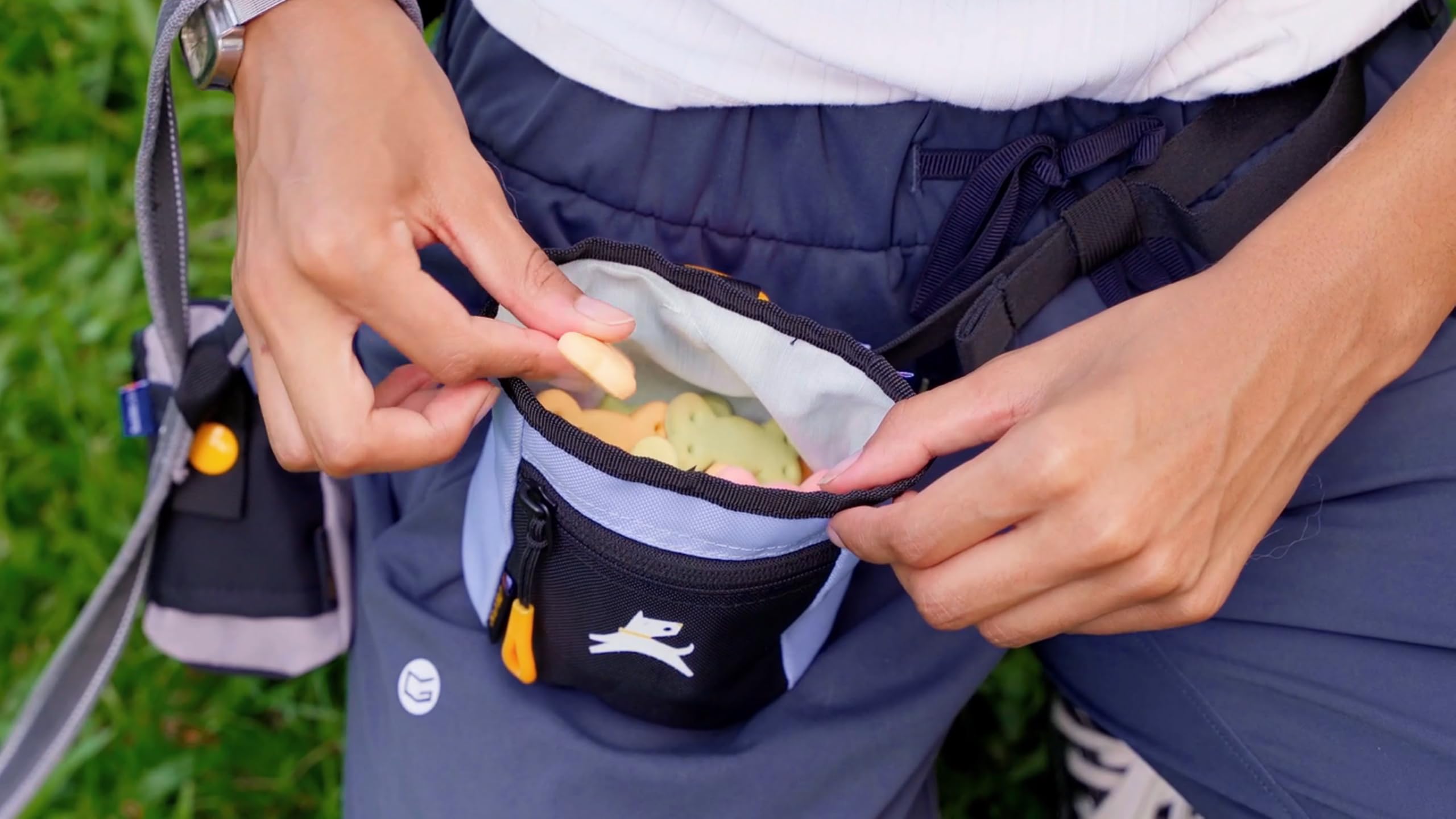 Water-resistant vegan fabric keeps gear dry during walks with OllyDog Goodie Bag.