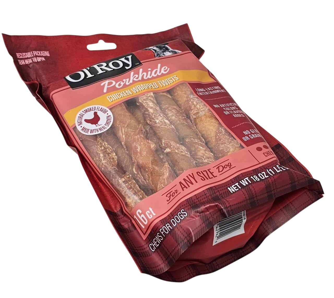 Back of Ol' Roy porkhide chicken wrapped twists bag with serving guidance