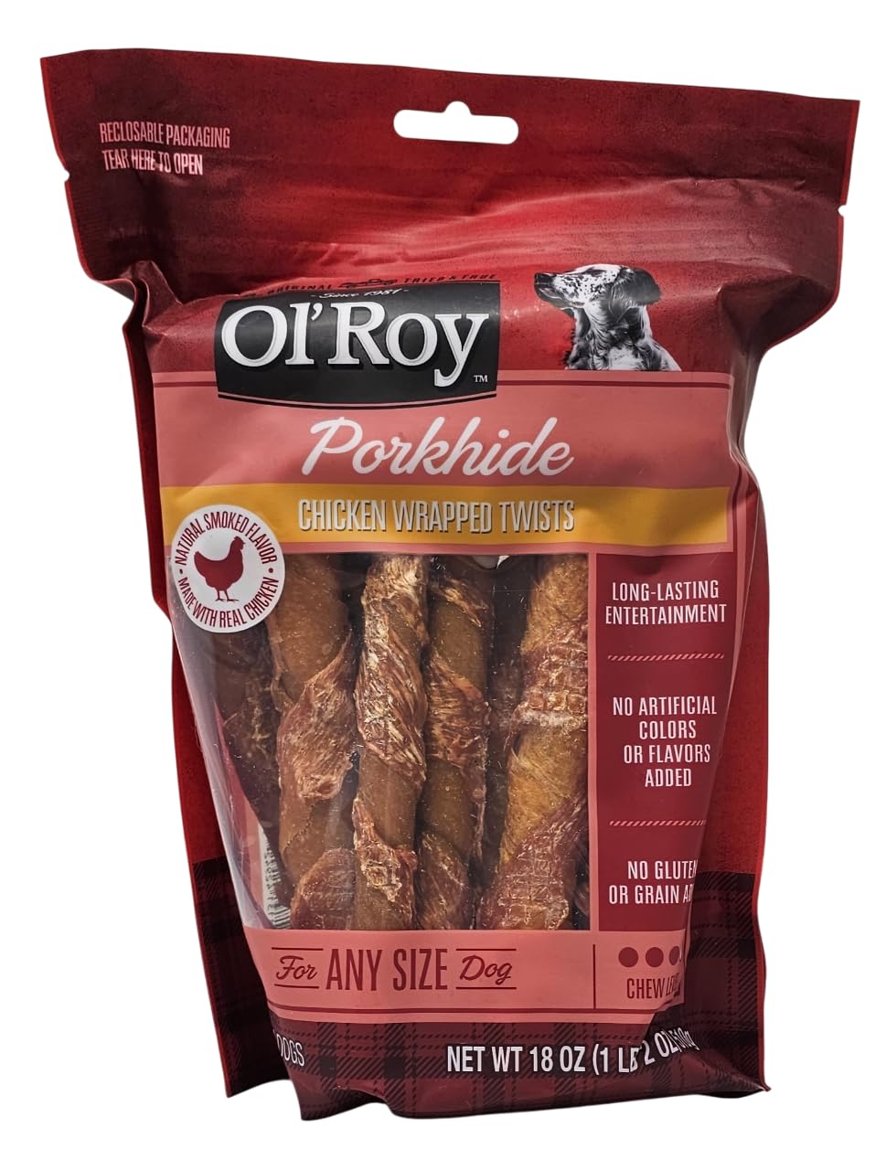 Ol' Roy porkhide chicken wrapped twists bag front showing 16 twists for dogs