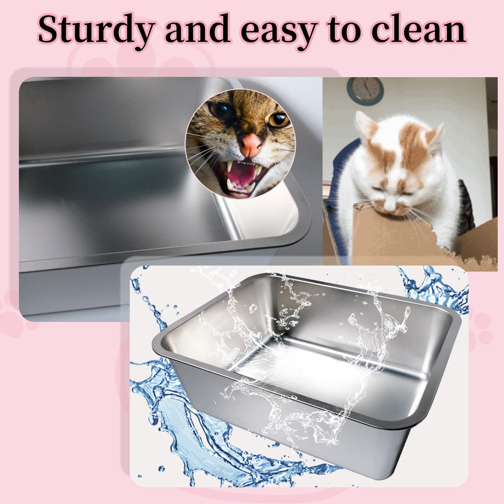 Olutacot large stainless steel litter box, raised sides, reduces spills.