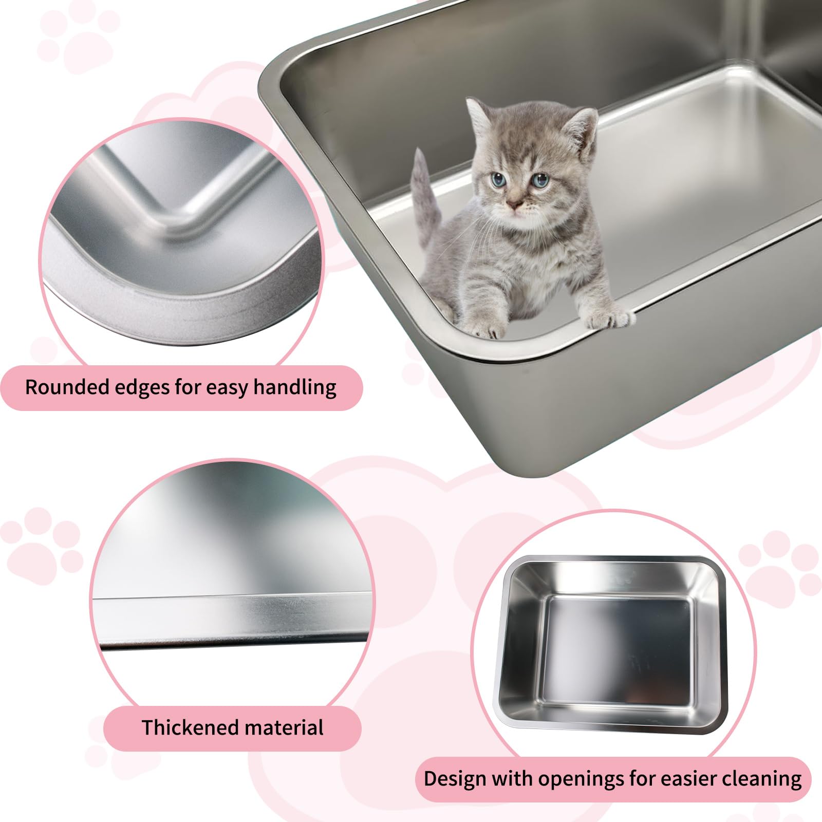 Olutacot large stainless steel litter box, inside view, smooth surface eases cleaning.