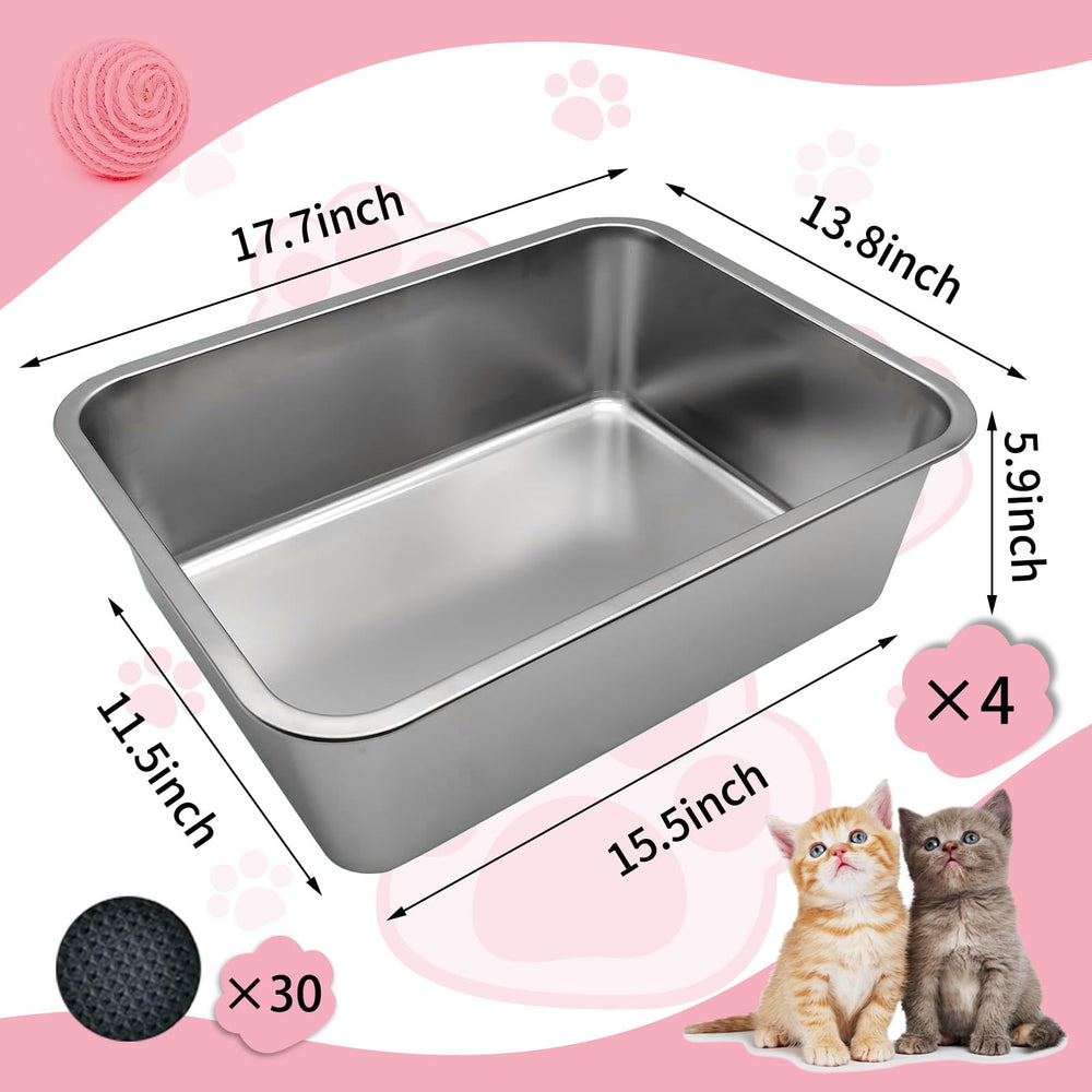 Olutacot large stainless steel litter box, front view, raised sides help contain litter.