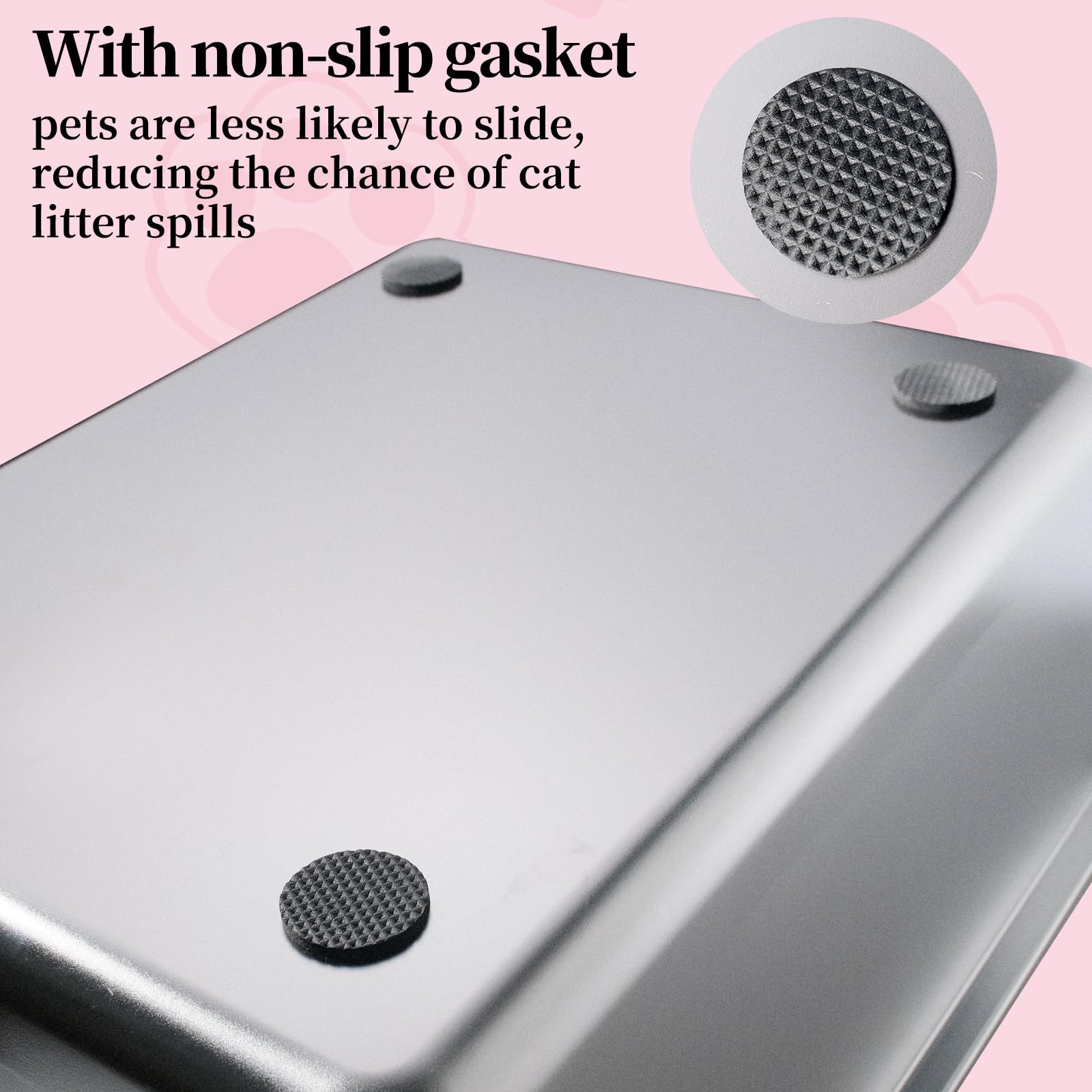 Olutacot large stainless steel litter box, edge detail, protected paws during use.