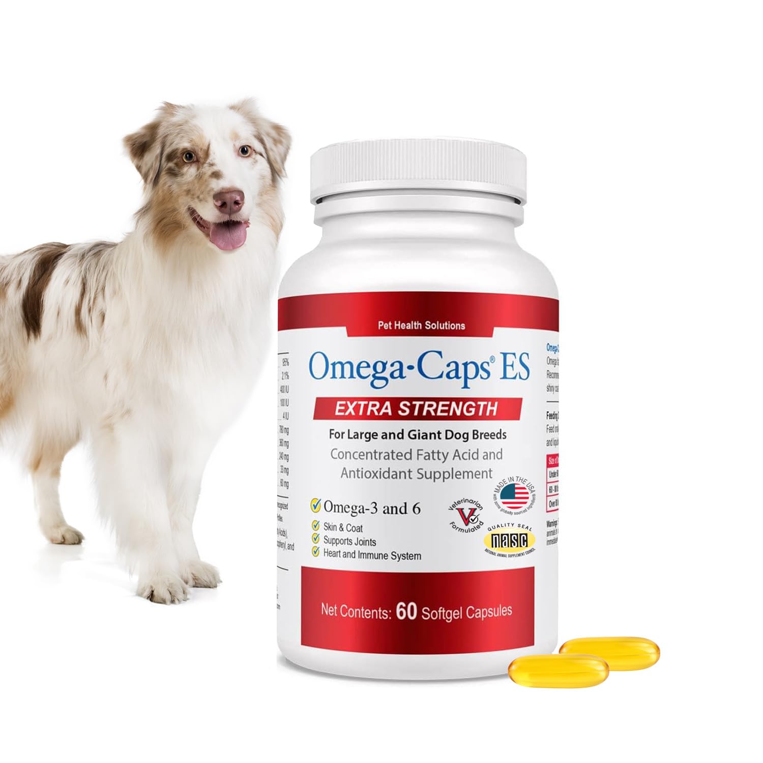 Omega Caps ES bottle front for large dogs with extra strength formula.