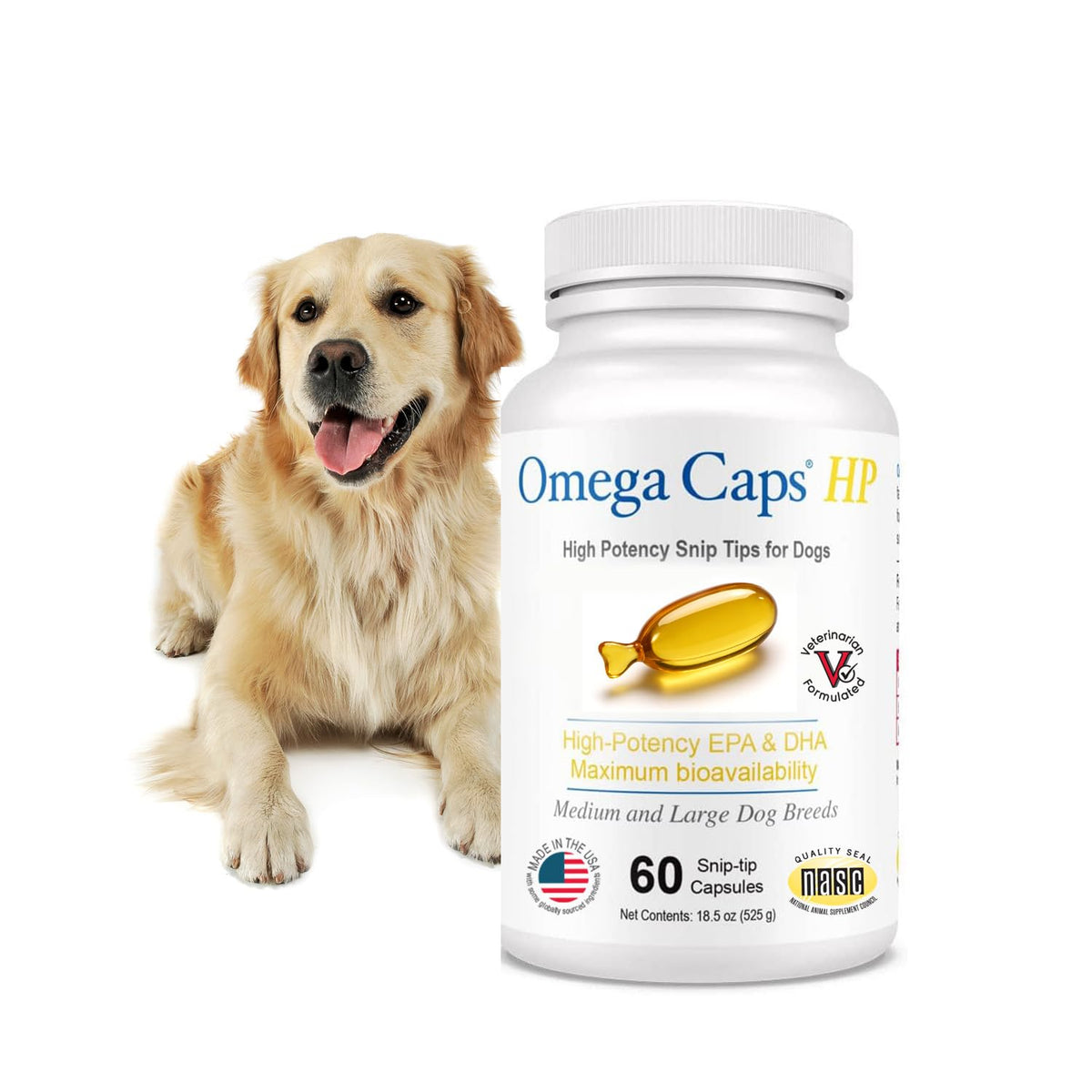 Omega Caps ES bottle front view highlighting high potency EPA and DHA for skin and coat health.