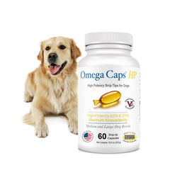 Omega Caps ES bottle front view highlighting high potency EPA and DHA for skin and coat health.