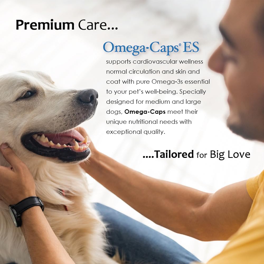 Omega Caps ES coat shine graphic highlighting skin and coat benefits.