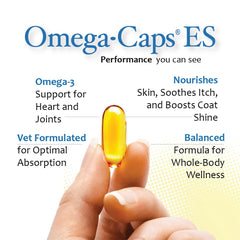 Close-up of Omega Caps ES softgel capsules for high potency canine support.