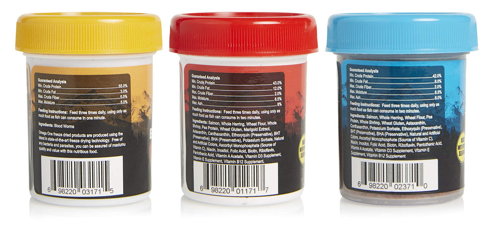 Omega One Betta Combo packaging showing all life stages suitability.