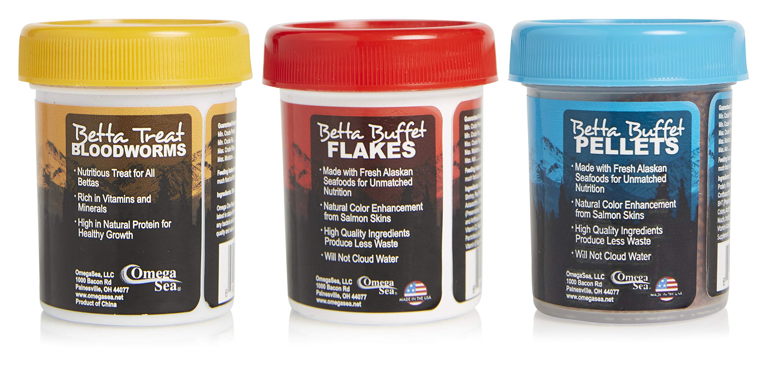 Omega One Betta Combo salmon flavor flakes for feeding flexibility.