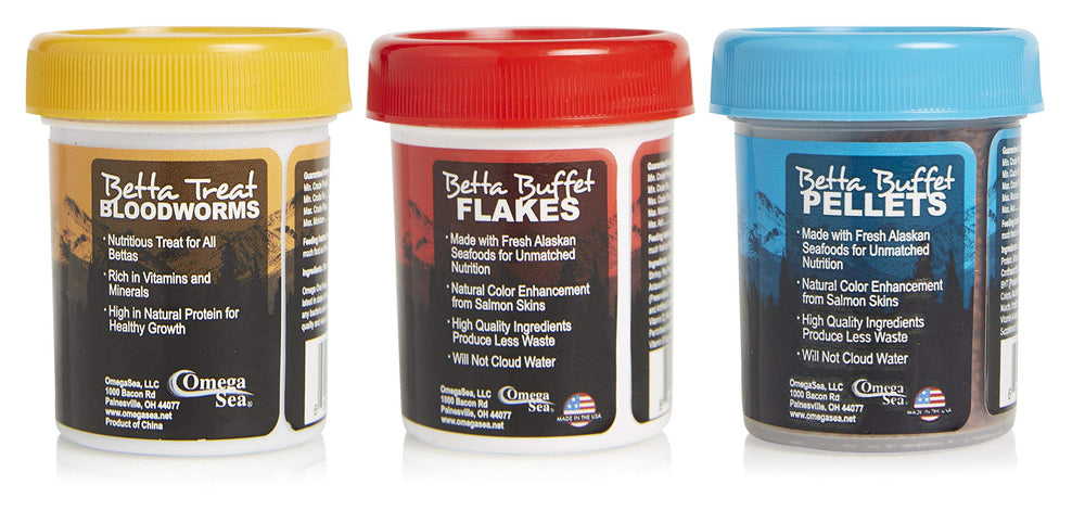 Omega One Betta Combo salmon flavor flakes for feeding flexibility.