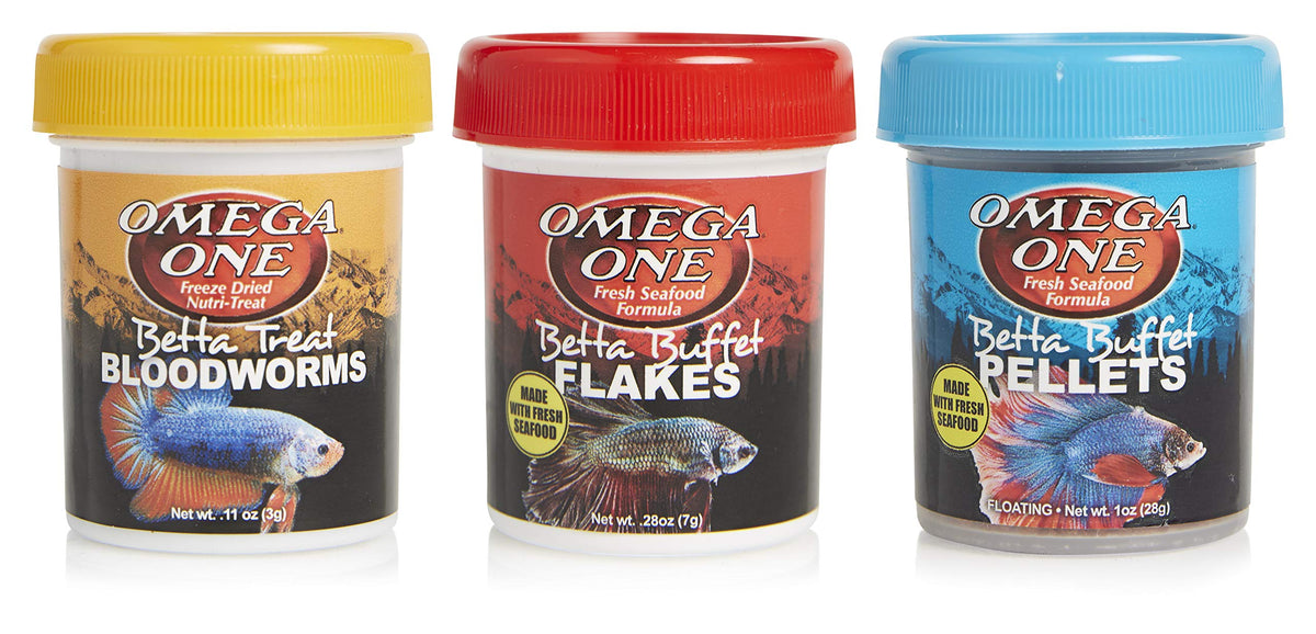 Omega One Betta Combo three-pack highlighting Salmon flavor.