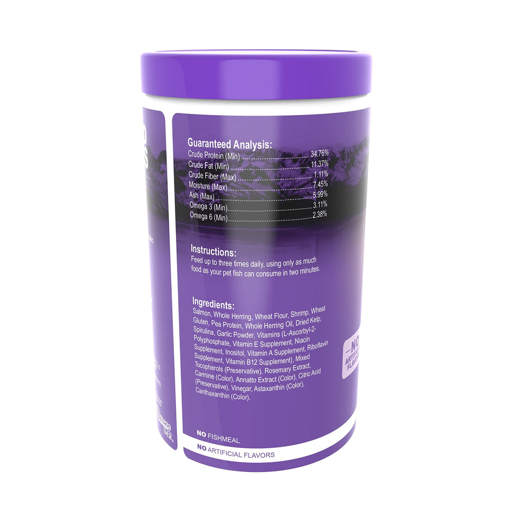 Omega One Cichlid Flakes color-boost hint for vibrant cichlid coloration.