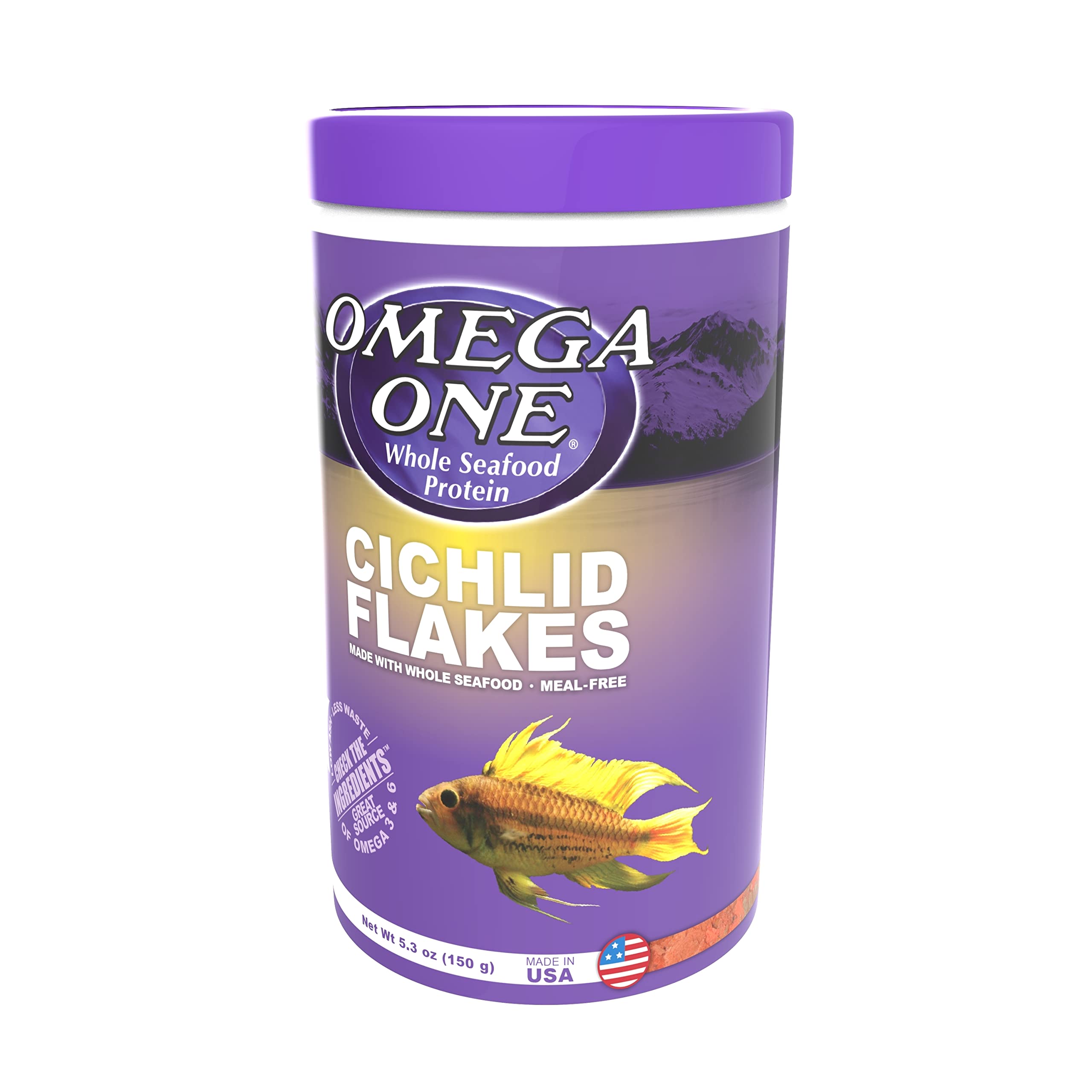 Omega One Cichlid Flakes being portioned into a feeding dish in aquarium.