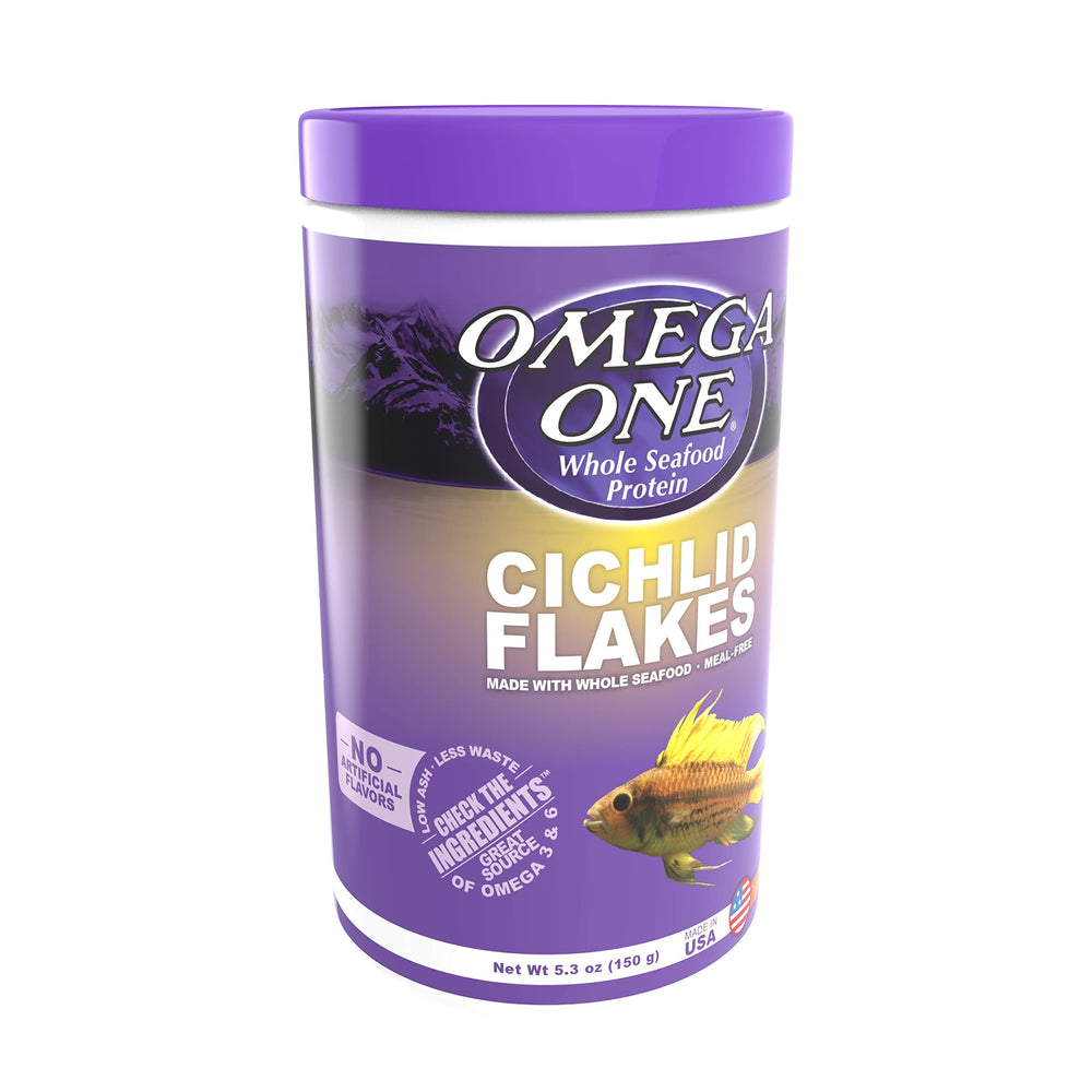 Omega One Cichlid Flakes open jar ready for feeding, fresh seafood blend.