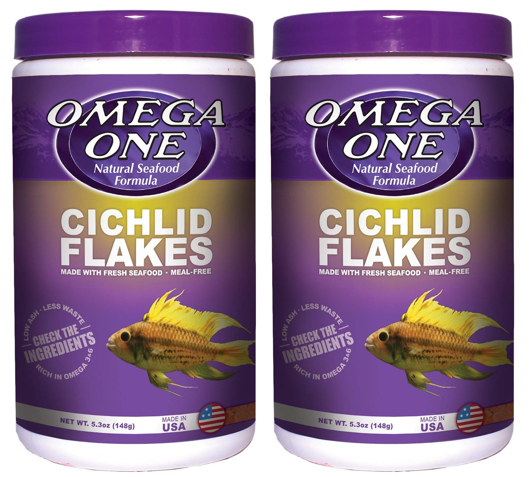 Omega One Cichlid Flakes, pack-2 jars, balanced daily feeding for cichlids.