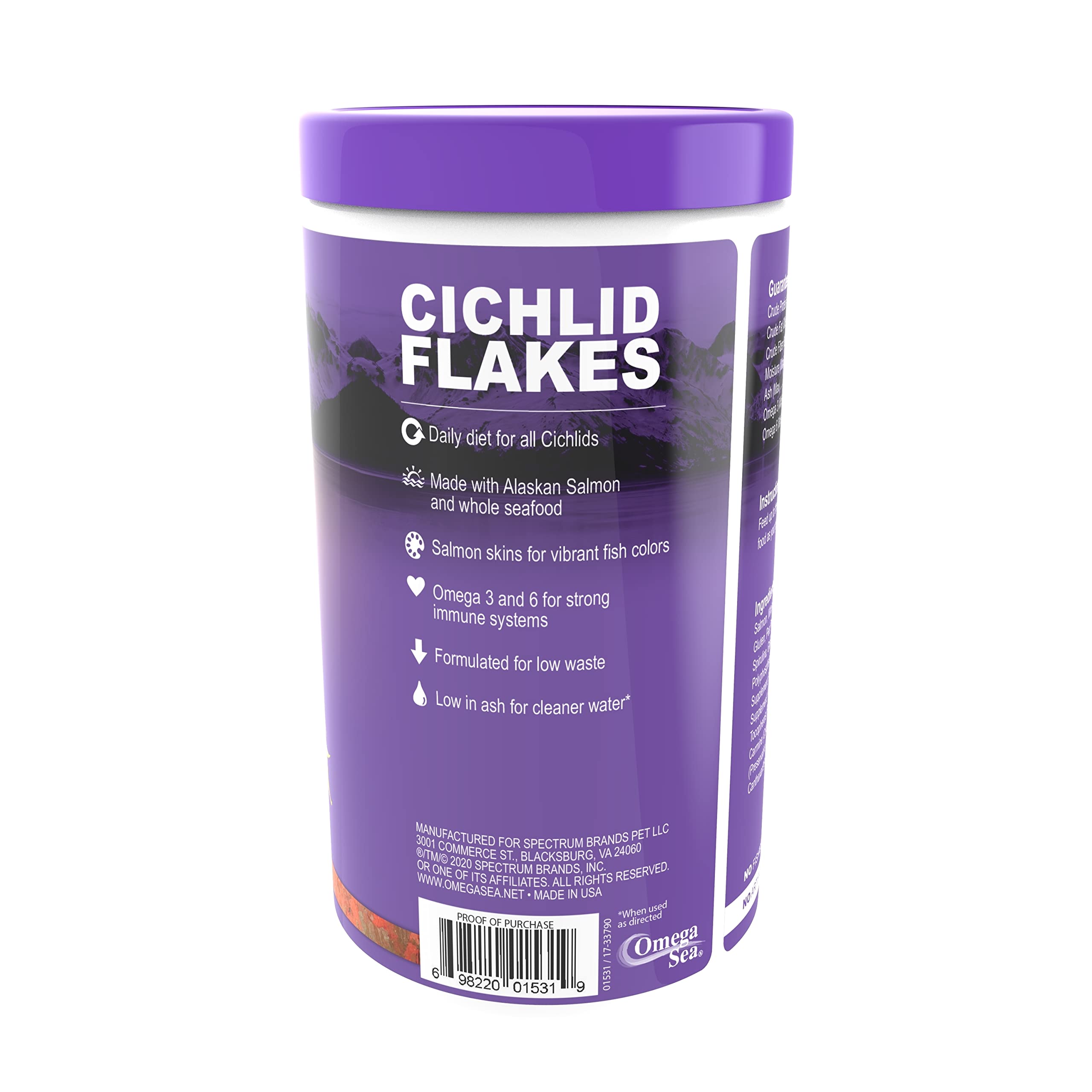 Omega One Cichlid Flakes in tank show insoluble formula for cleaner water.