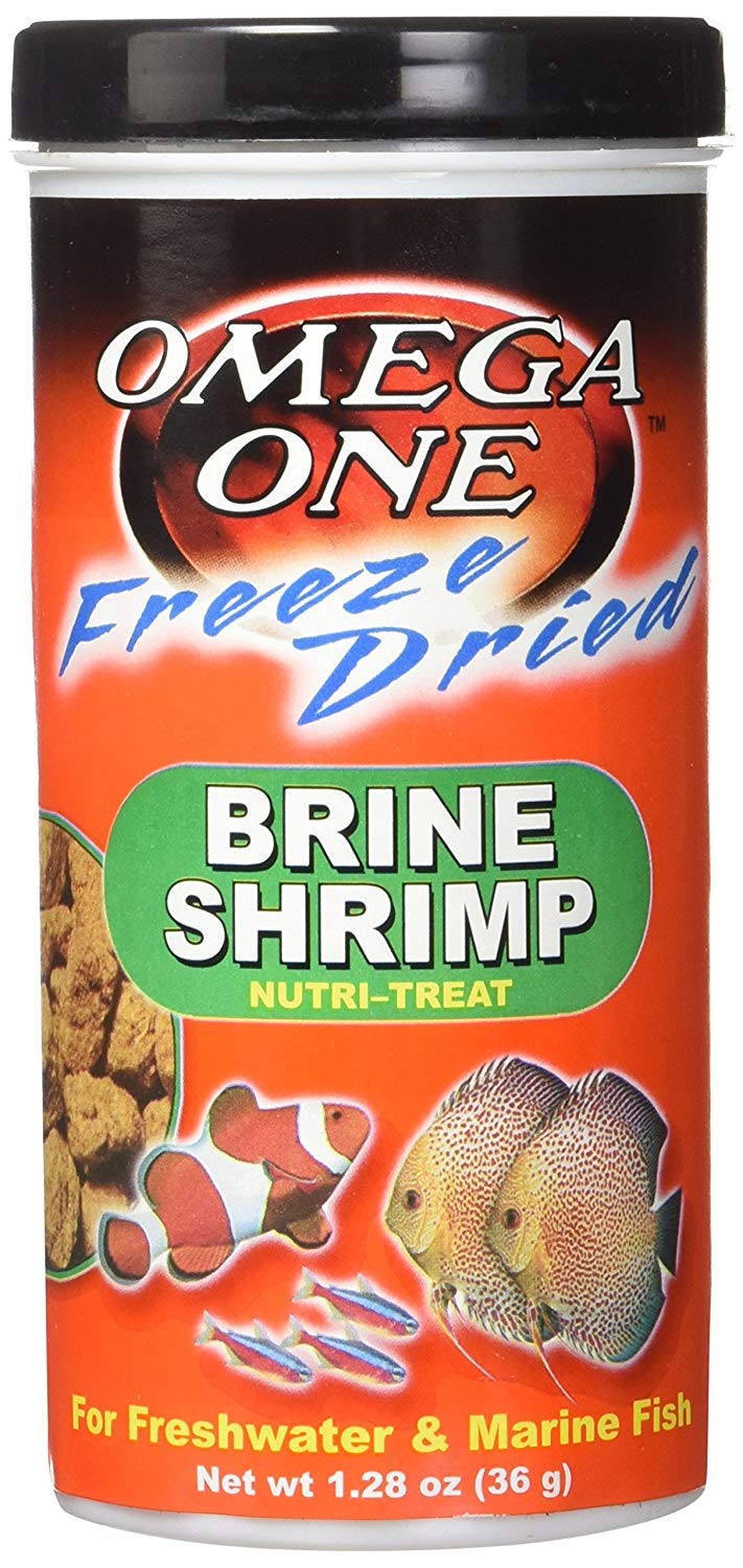 Omega One freeze-dried brine shrimp close-up showing crisp texture and protein.