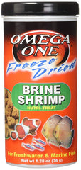Omega One freeze-dried brine shrimp close-up showing crisp texture and protein.