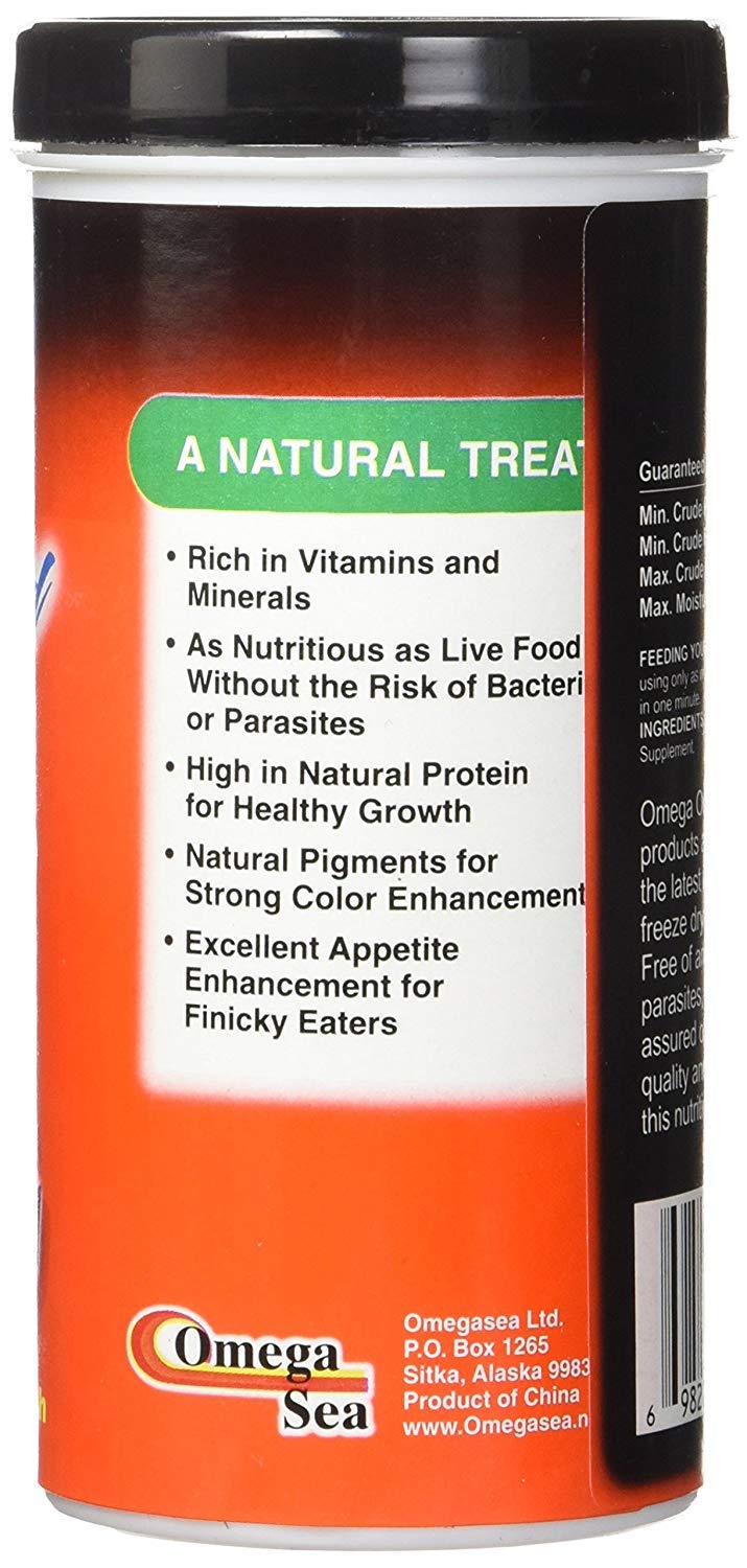 Omega One brine shrimp in feeding bowl, ready-to-eat, encourages finicky eaters.