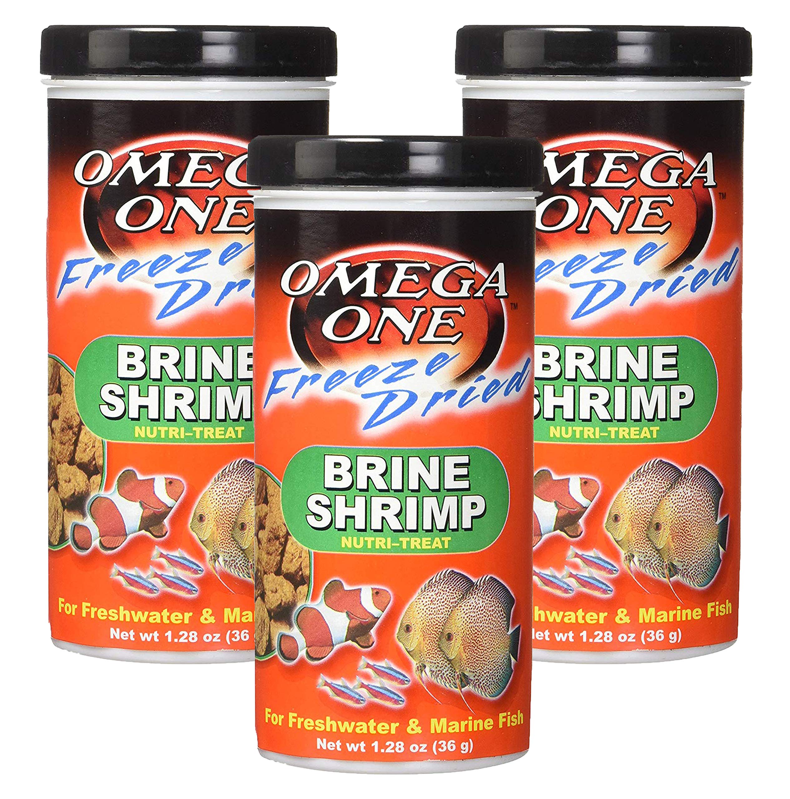 Omega One freeze dried brine shrimp 1.28 oz pack, front view, reliable daily feeding.