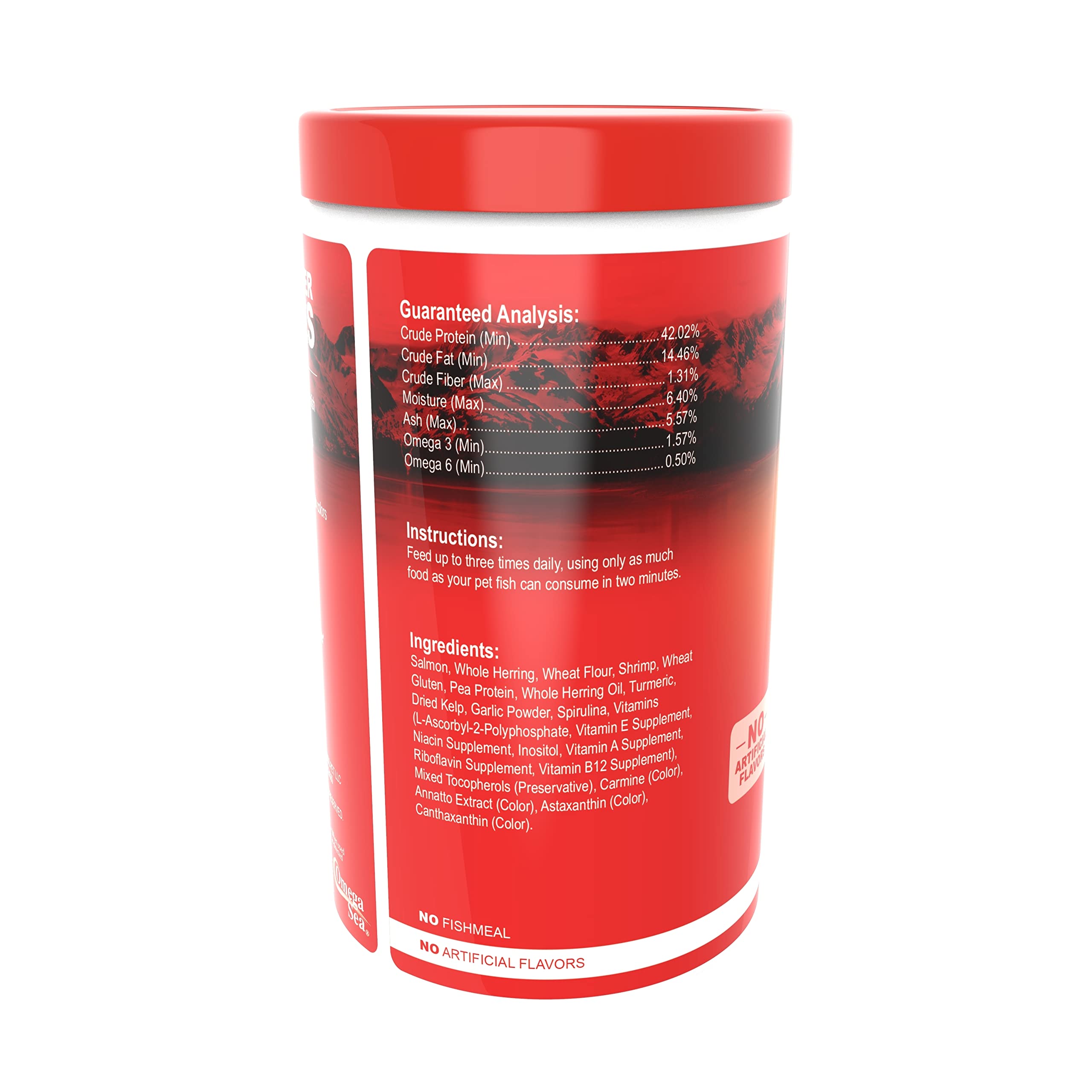 Omega One Freshwater Flakes label closeup shows high protein content and color benefits.