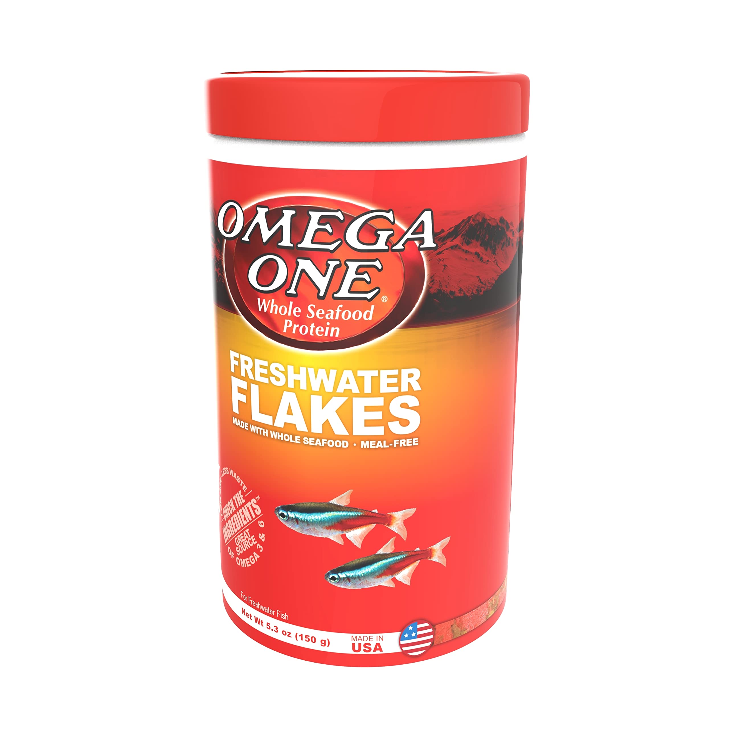 Omega One Freshwater Flakes packaging box highlighting quality ingredients and value.