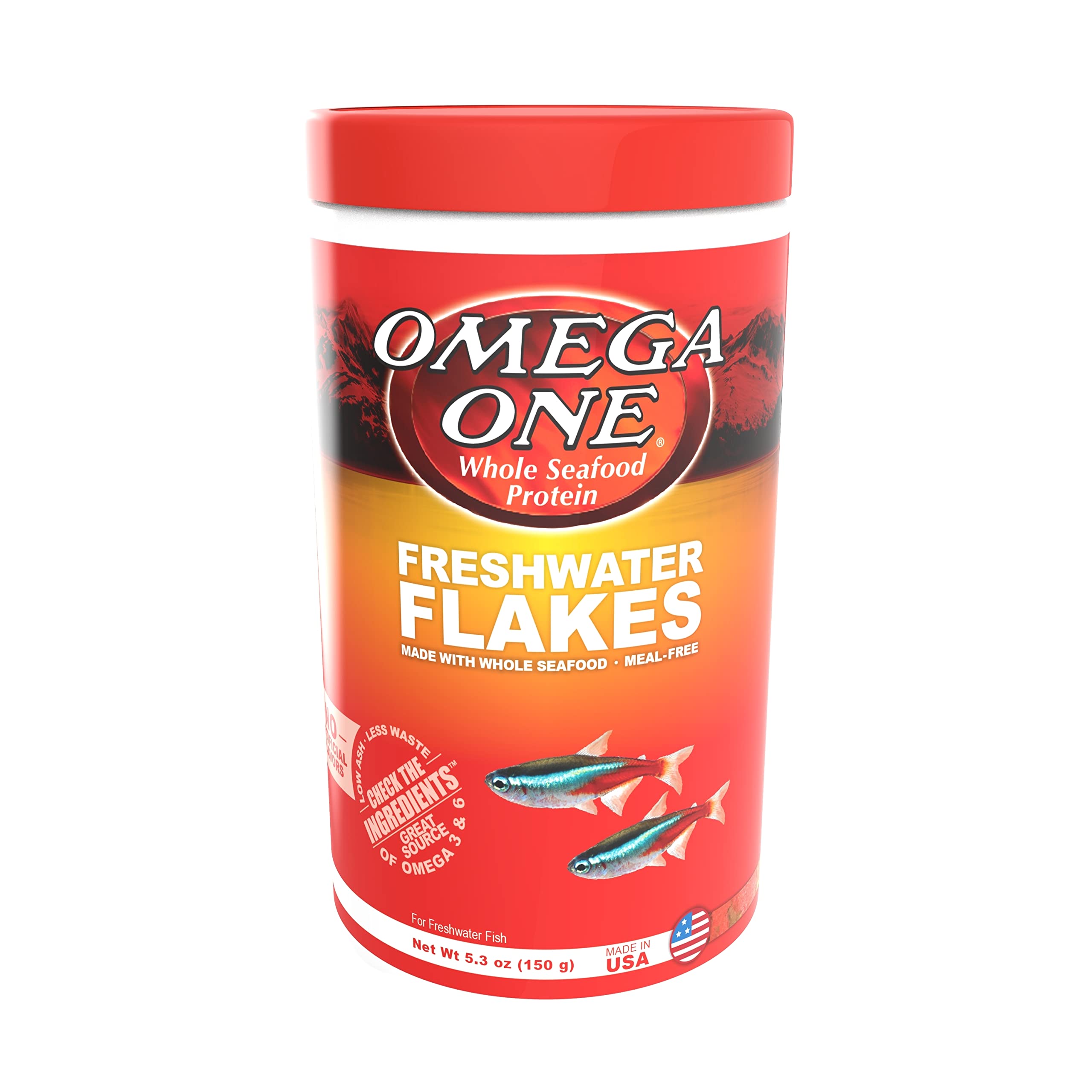 Omega One Freshwater Flakes pouring into tank demonstrates easy feeding and reduced waste.