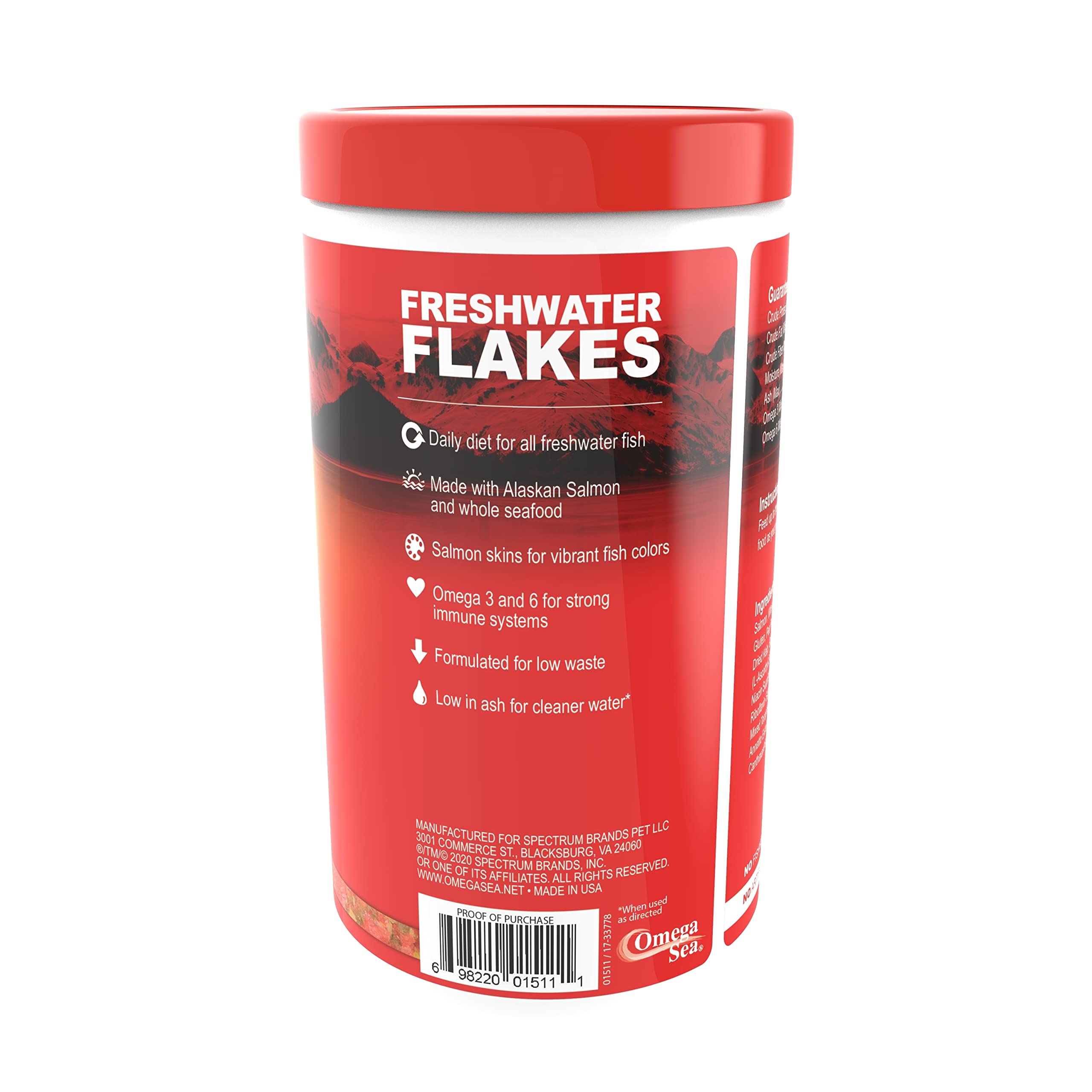 Omega One Freshwater Flakes serving dish illustrates color-rich feeding and cleaner water.