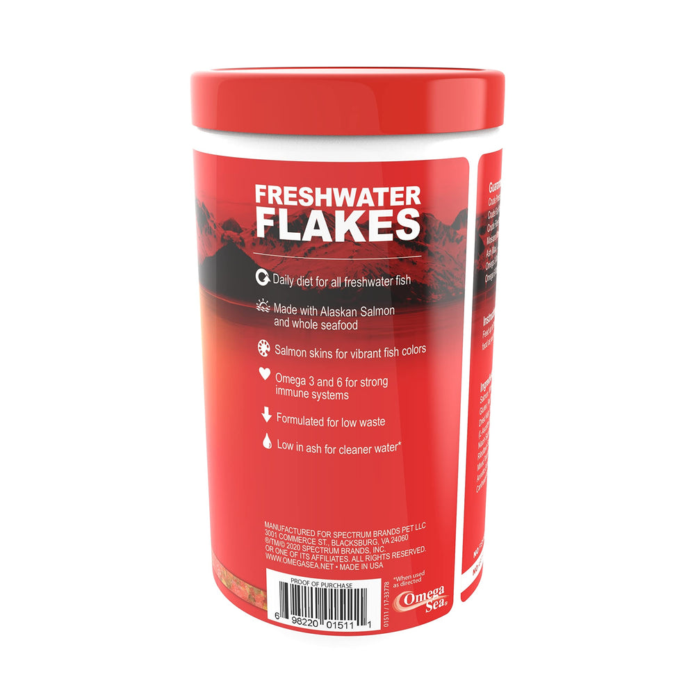 Omega One Freshwater Flakes serving dish illustrates color-rich feeding and cleaner water.
