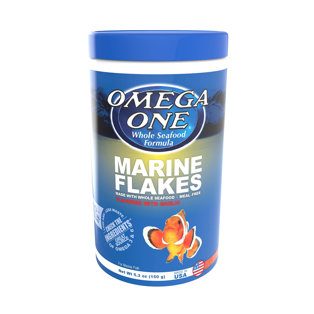 Omega One Garlic Marine Flakes bottle back with feeding instructions and benefits.