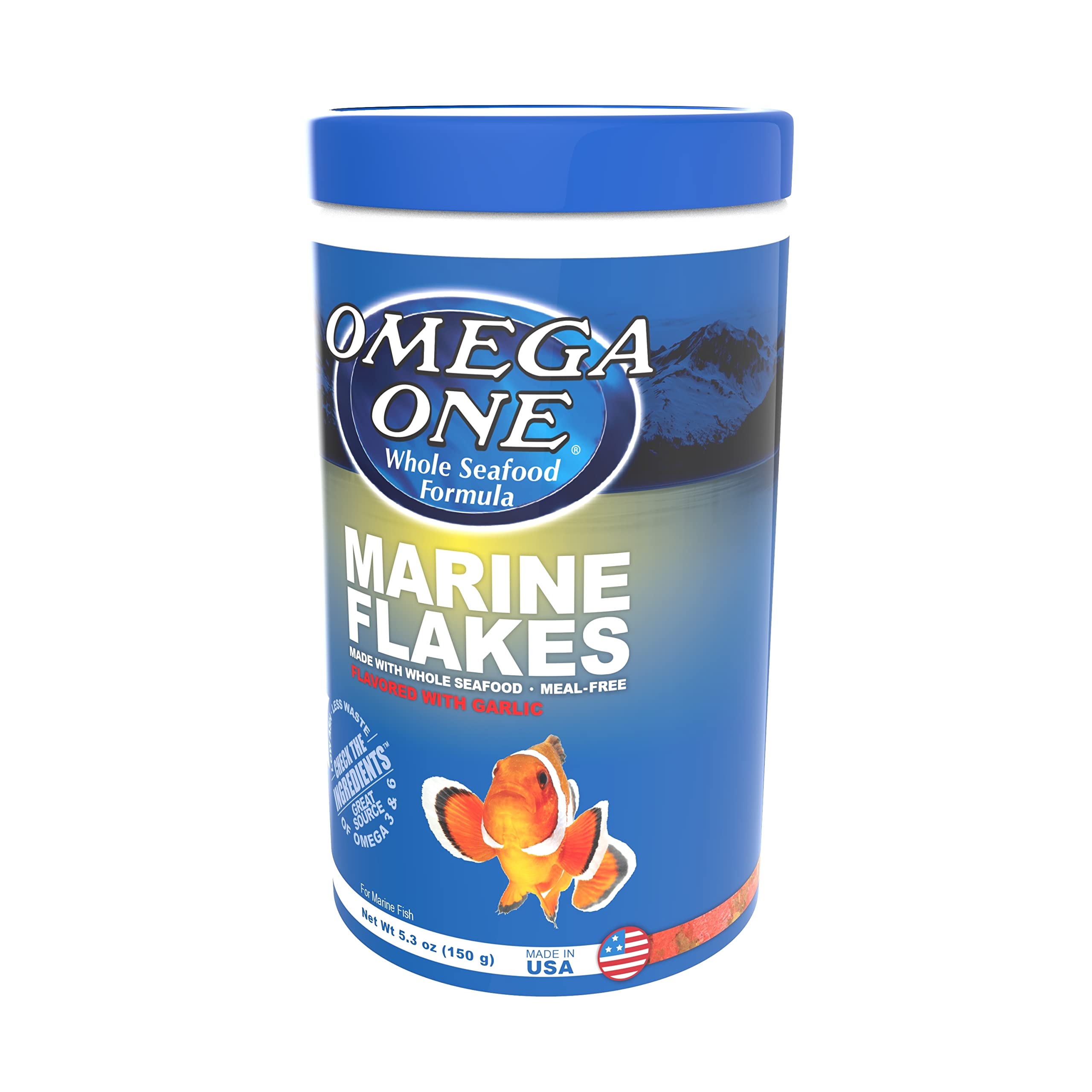 Omega One Garlic Marine Flakes ingredients close-up highlighting kelp, spirulina, and garlic.