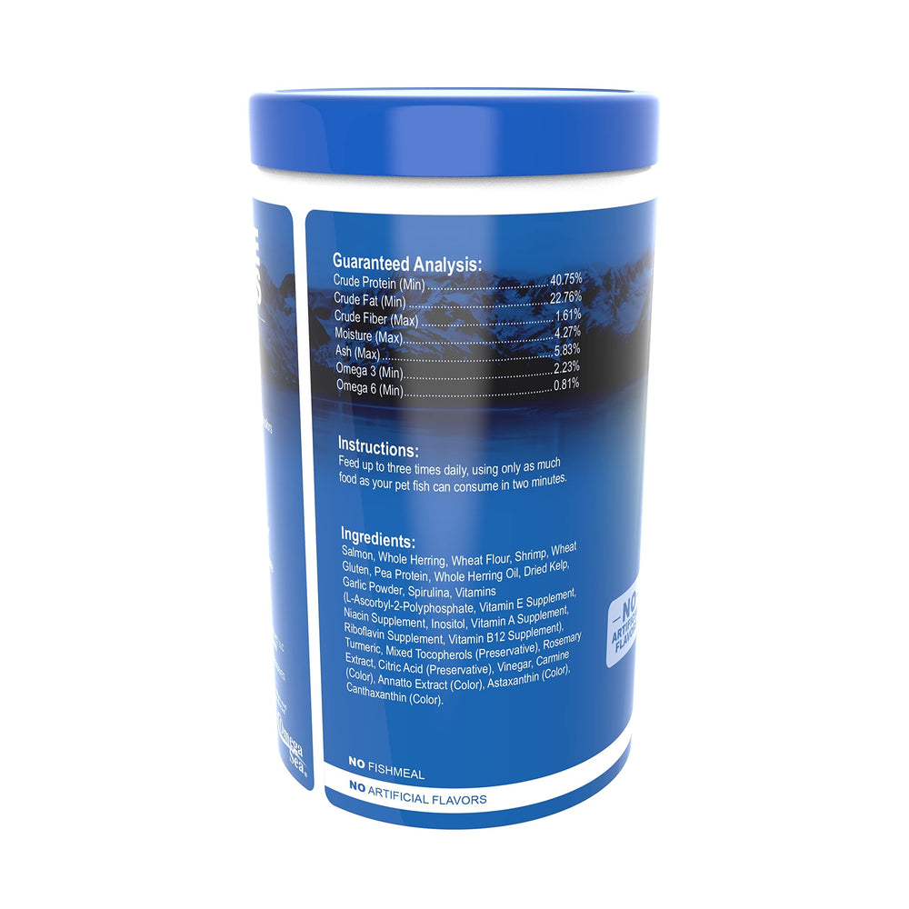 Omega One Garlic Marine Flakes tank-use scenario promoting cleaner with insoluble formula.