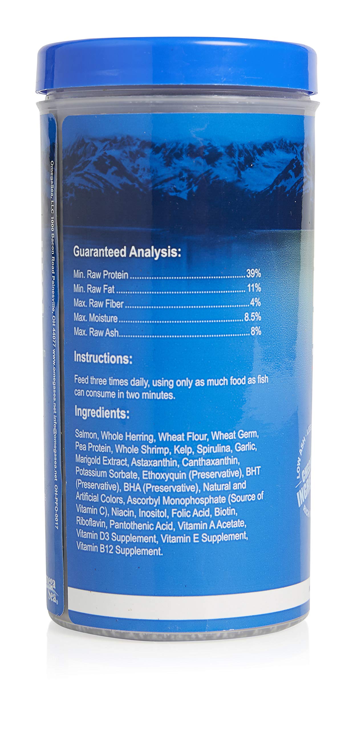 Close-up of Omega One Garlic Marine Large Sinking Pellets highlighting kelp and spirulina ingredients.