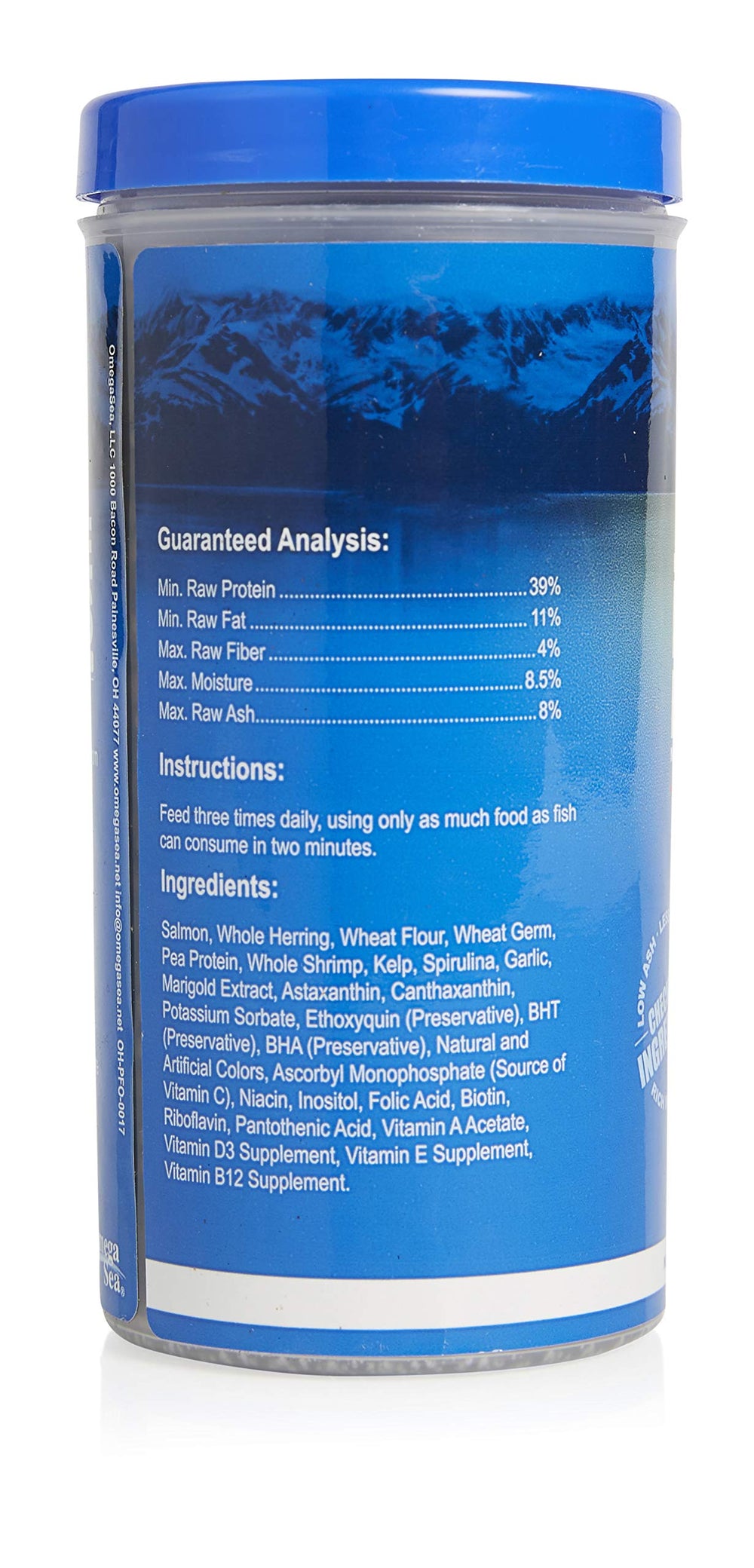 Close-up of Omega One Garlic Marine Large Sinking Pellets highlighting kelp and spirulina ingredients.