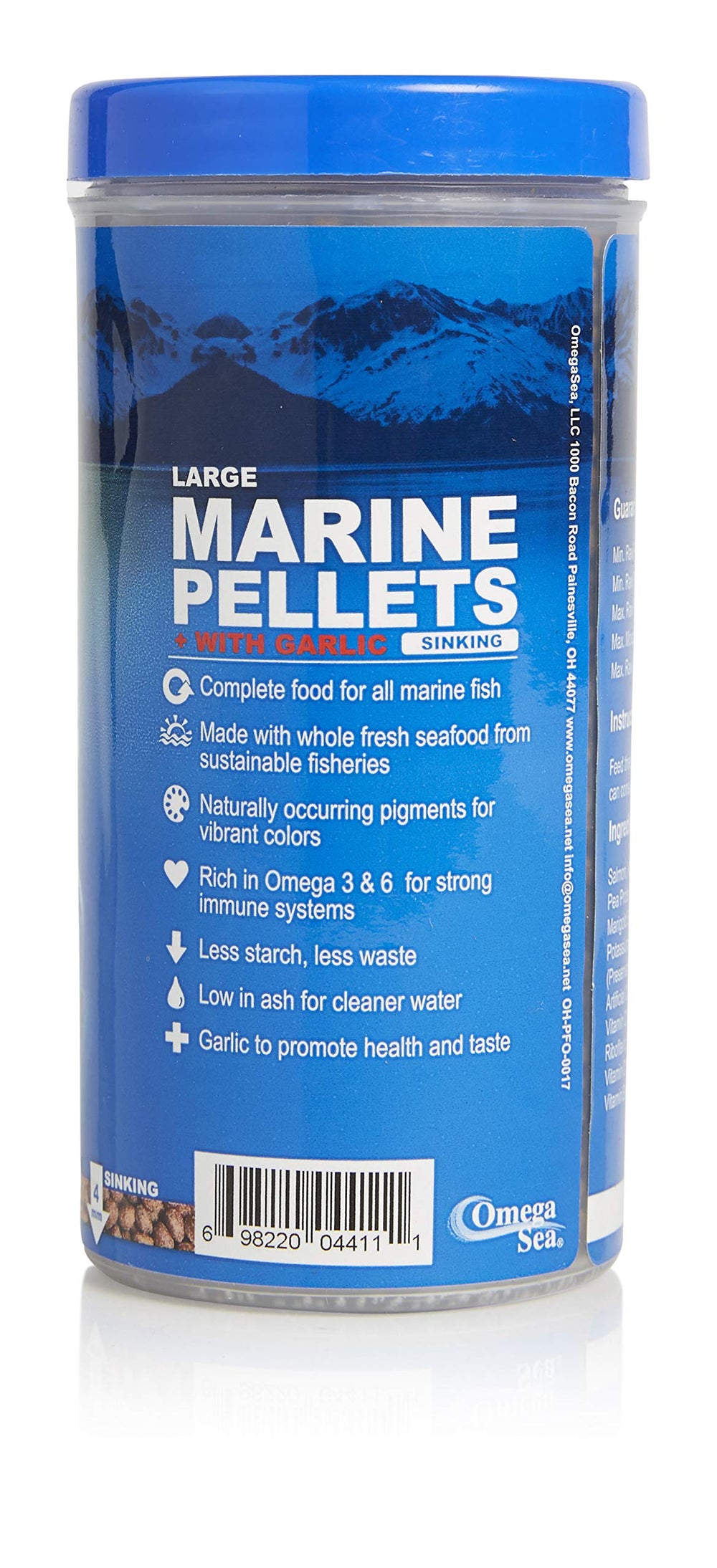 Omega One Garlic Marine Large Sinking Pellets in a bowl showing sinking feeding behavior.