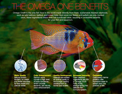 Packaging of Omega One Garlic Marine Large Sinking Pellets, 9 oz, with natural ingredients.
