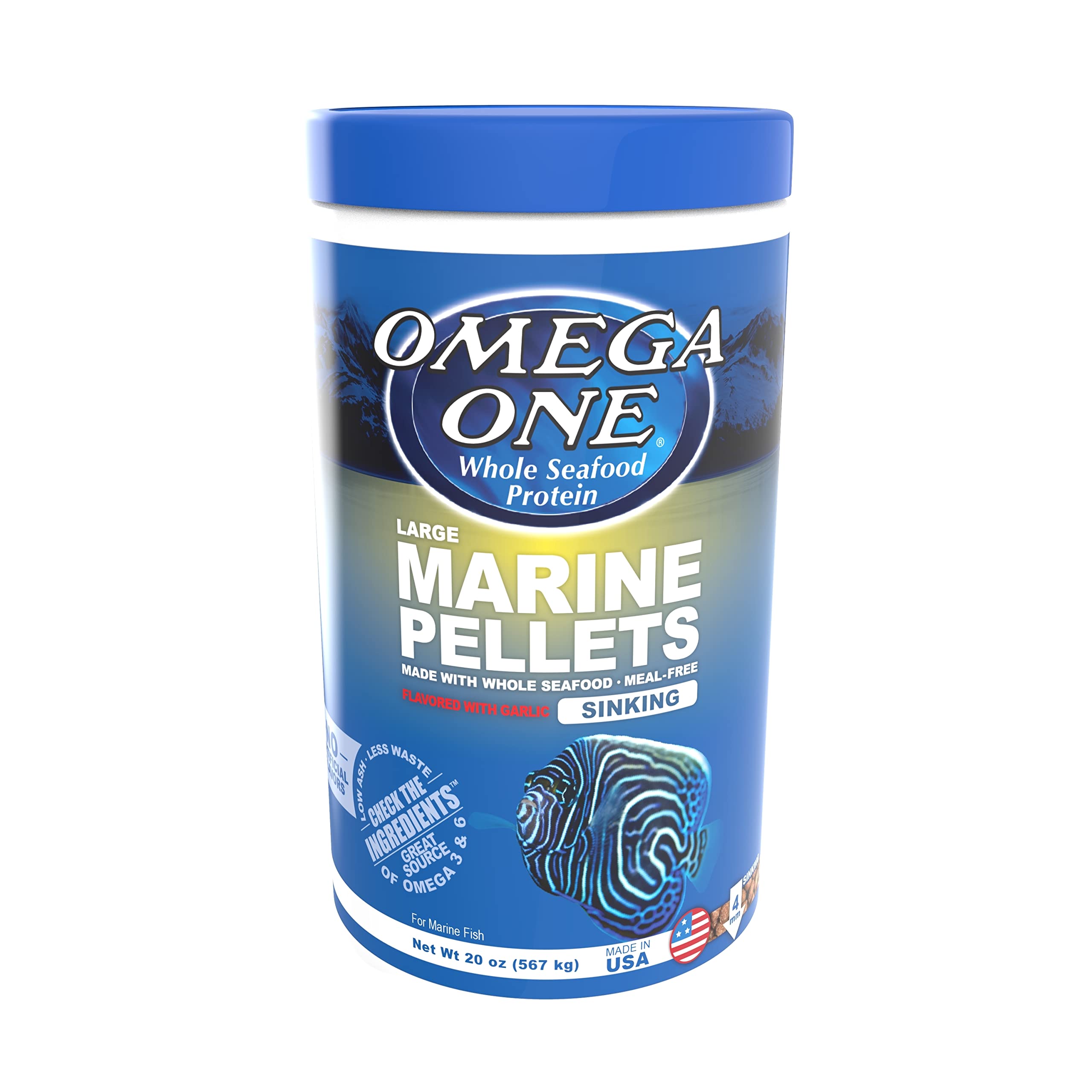 Omega One Garlic Marine Pellets ingredients label highlighting MSC approved ingredients