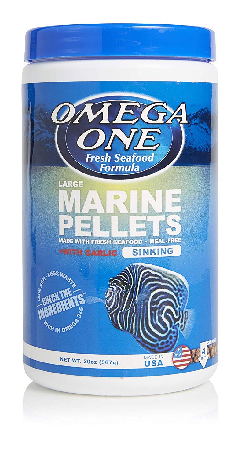 Omega One Garlic Marine Pellets packshot with sinking formula for versatile feeding