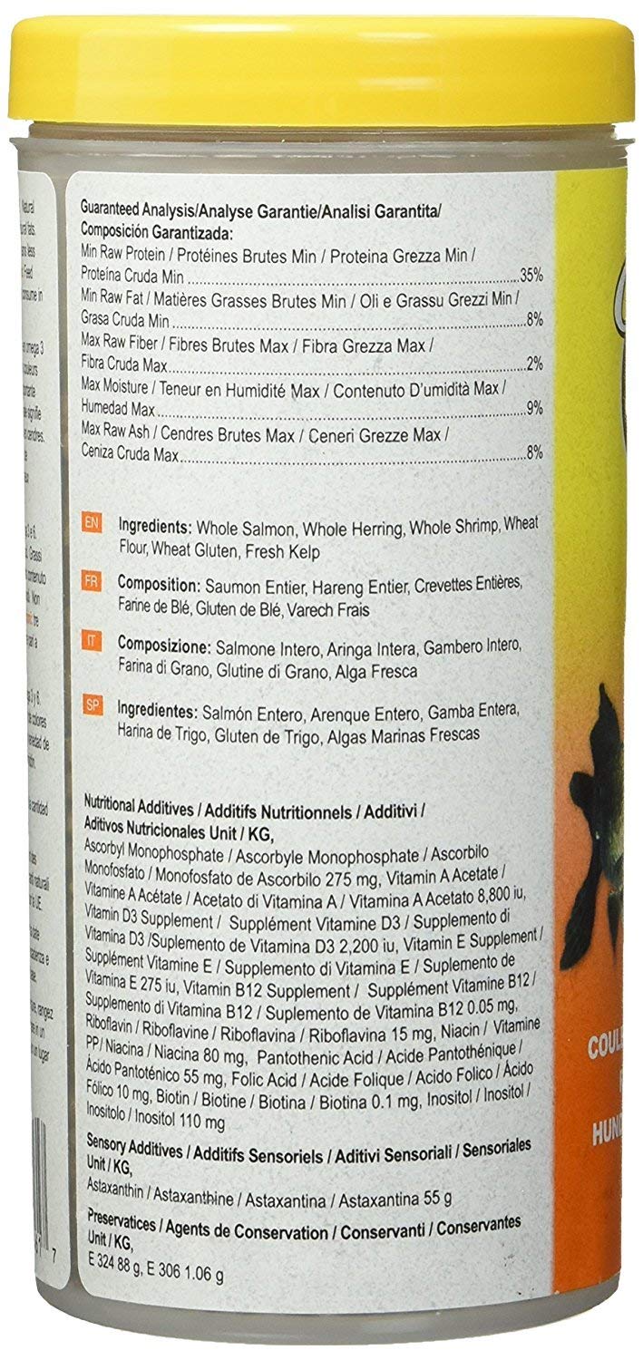 Omega One Goldfish Pellets color pigments from salmon skin highlighting vibrant hues