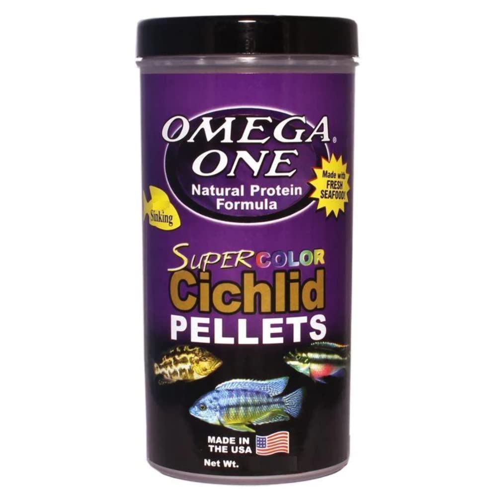 Omega One sinking cichlid pellets bottle showing color-boosting nutrition for vibrant coloration.