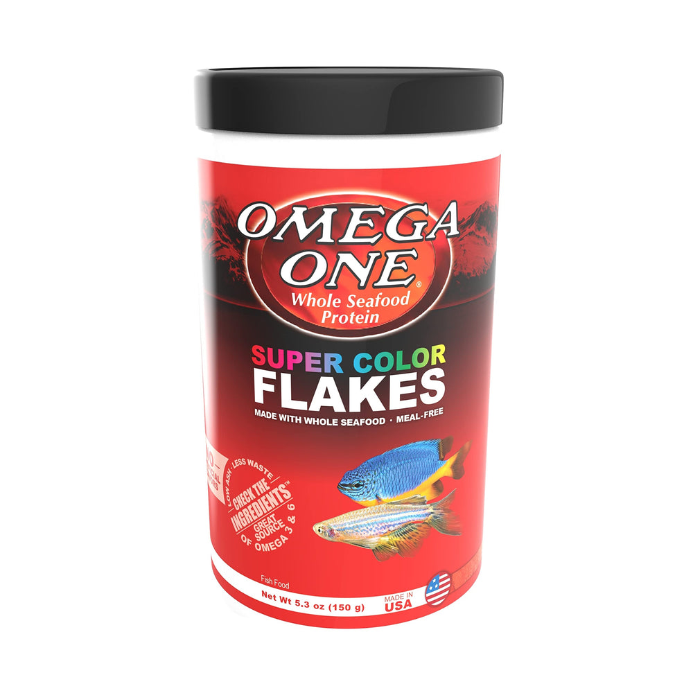 Omega One Super Color Flakes in a feeding dish illustrating easy dosing