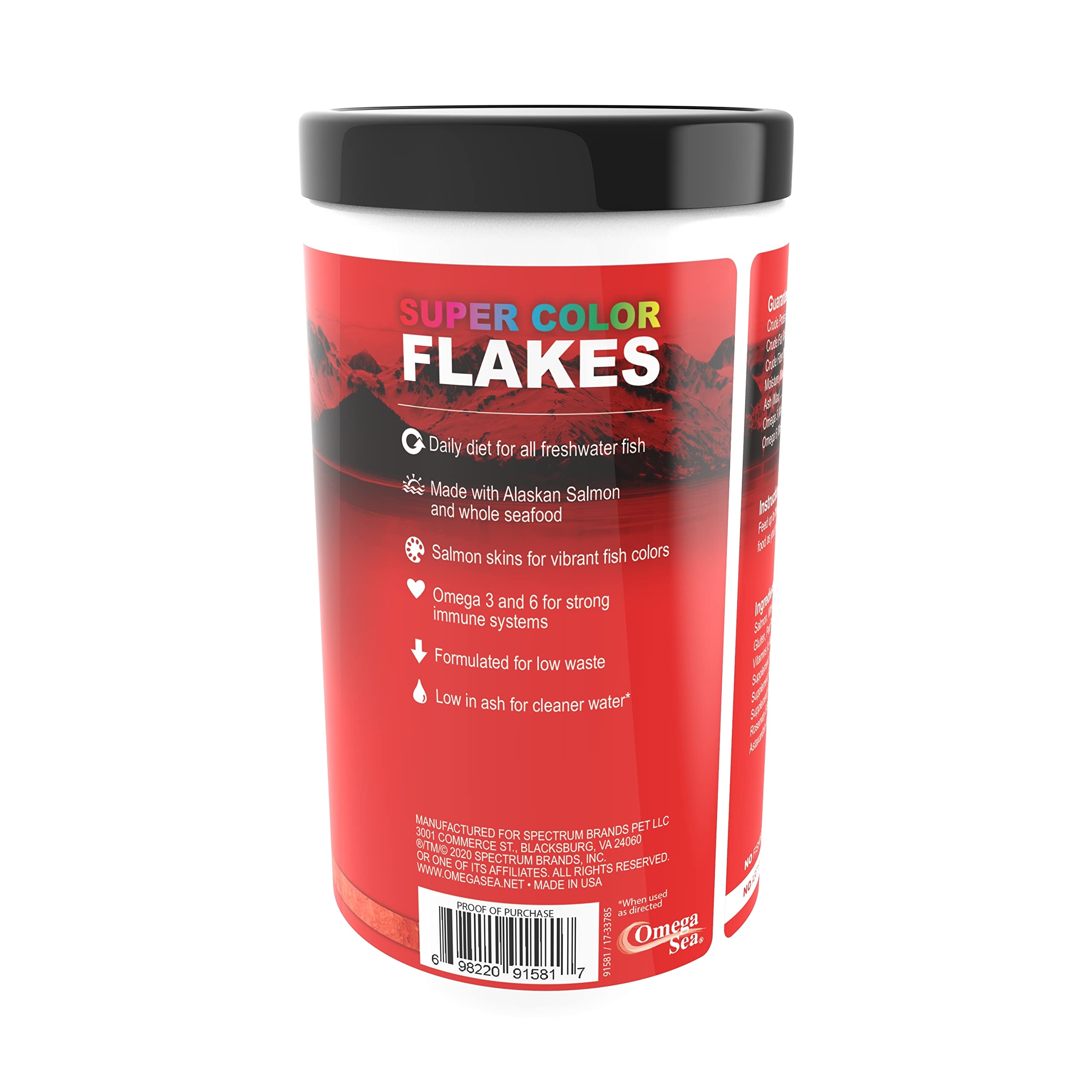 Omega One Super Color Flakes product shot emphasizing omega-3 and omega-6 HUFA content