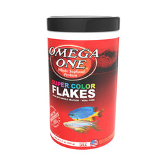 Omega One Super Color Flakes packaging label with ingredients and guaranteed analysis